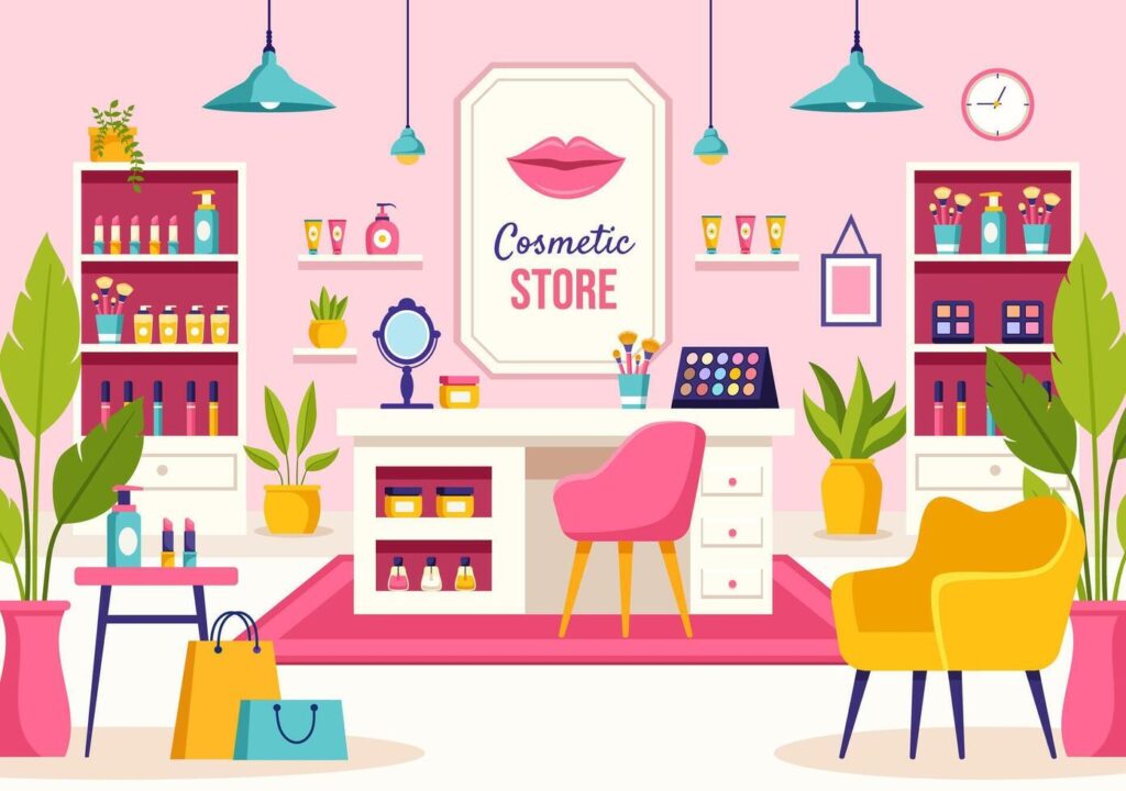 cosmetics store illustration with girl skincare cosmetic perfume makeup and beauty products choice in in flat cartoon background vector