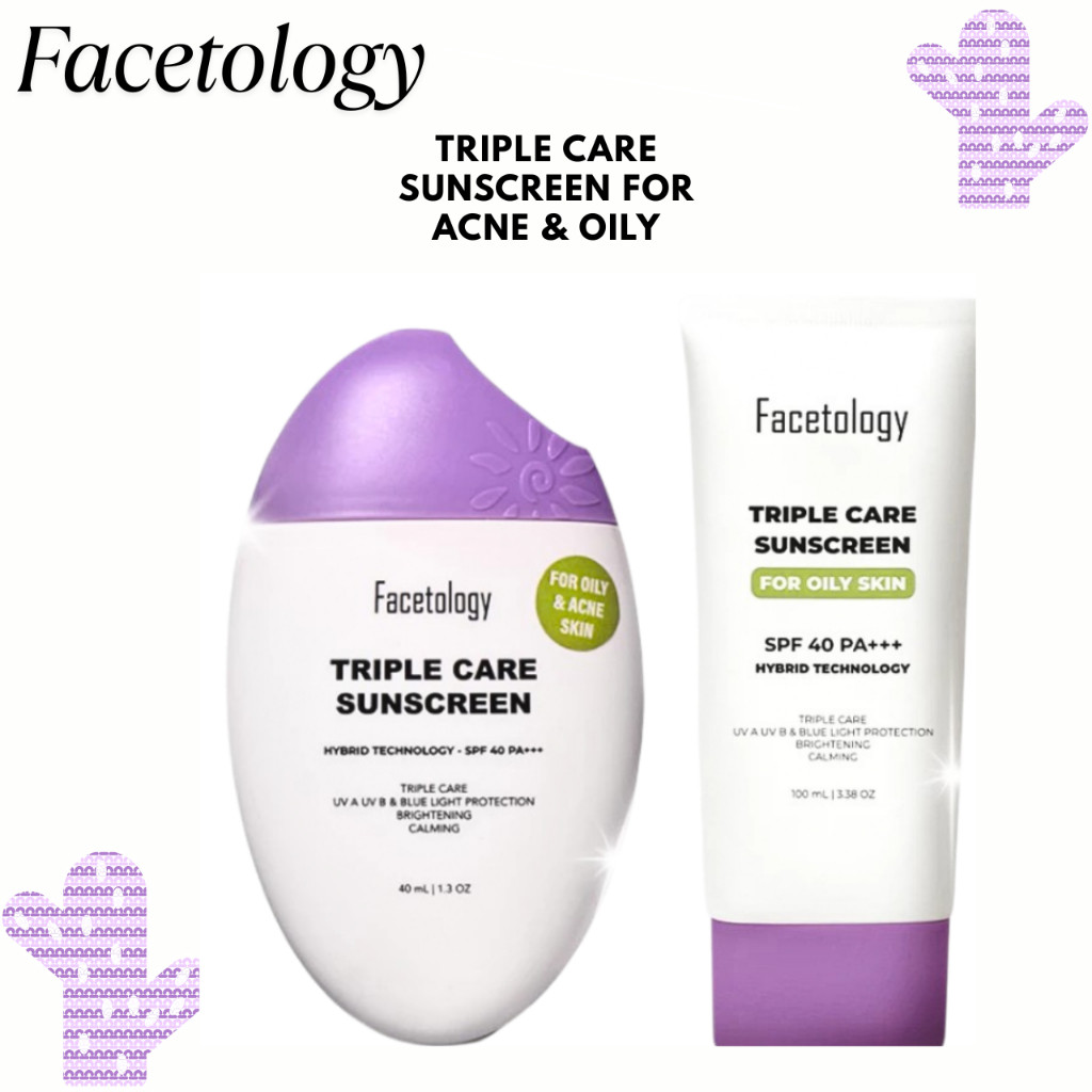 facetology triple care sunscreen for acne and oily skin spf 40 pa+++ 40ml and 100ml/tabir surya facetology triple care sunscreen for acne and oily skin spf 40 pa+++ 40ml and 100ml/tabir surya