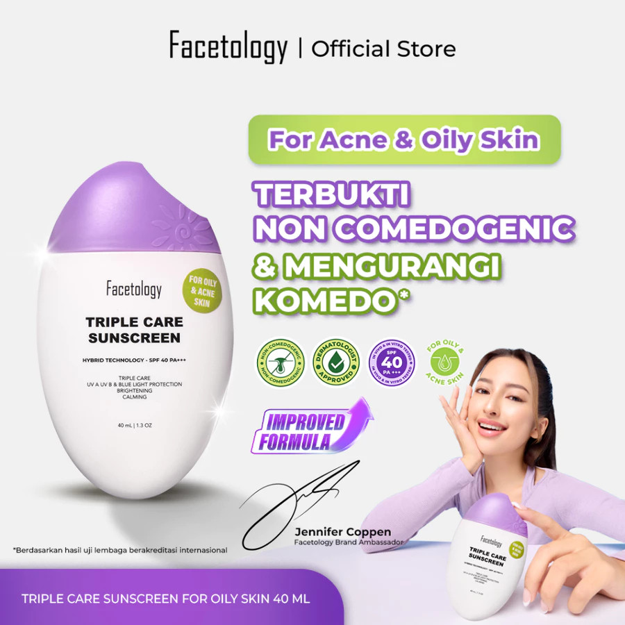 facetology triple care sunscreen for acne and oily skin spf 40 pa+++ 40ml and 100ml/tabir surya facetology triple care sunscreen for acne and oily skin spf 40 pa+++ 40ml and 100ml/tabir surya