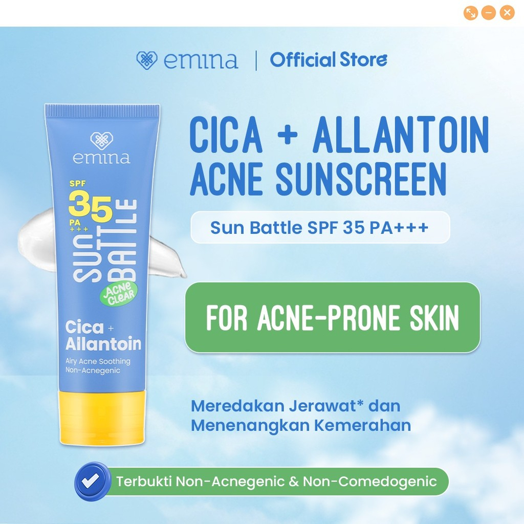 emina sun battle acne clear cica allantoin airy acne soothing sunscreen spf 35 pa+++ 50ml/tabir surya emina sun battle acne clear cica allantoin airy acne soothing sunscreen spf 35 pa+++ 50ml/tabir surya