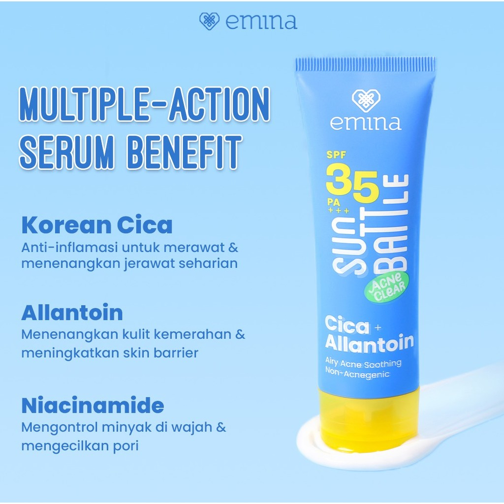 emina sun battle acne clear cica allantoin airy acne soothing sunscreen spf 35 pa+++ 50ml/tabir surya emina sun battle acne clear cica allantoin airy acne soothing sunscreen spf 35 pa+++ 50ml/tabir surya