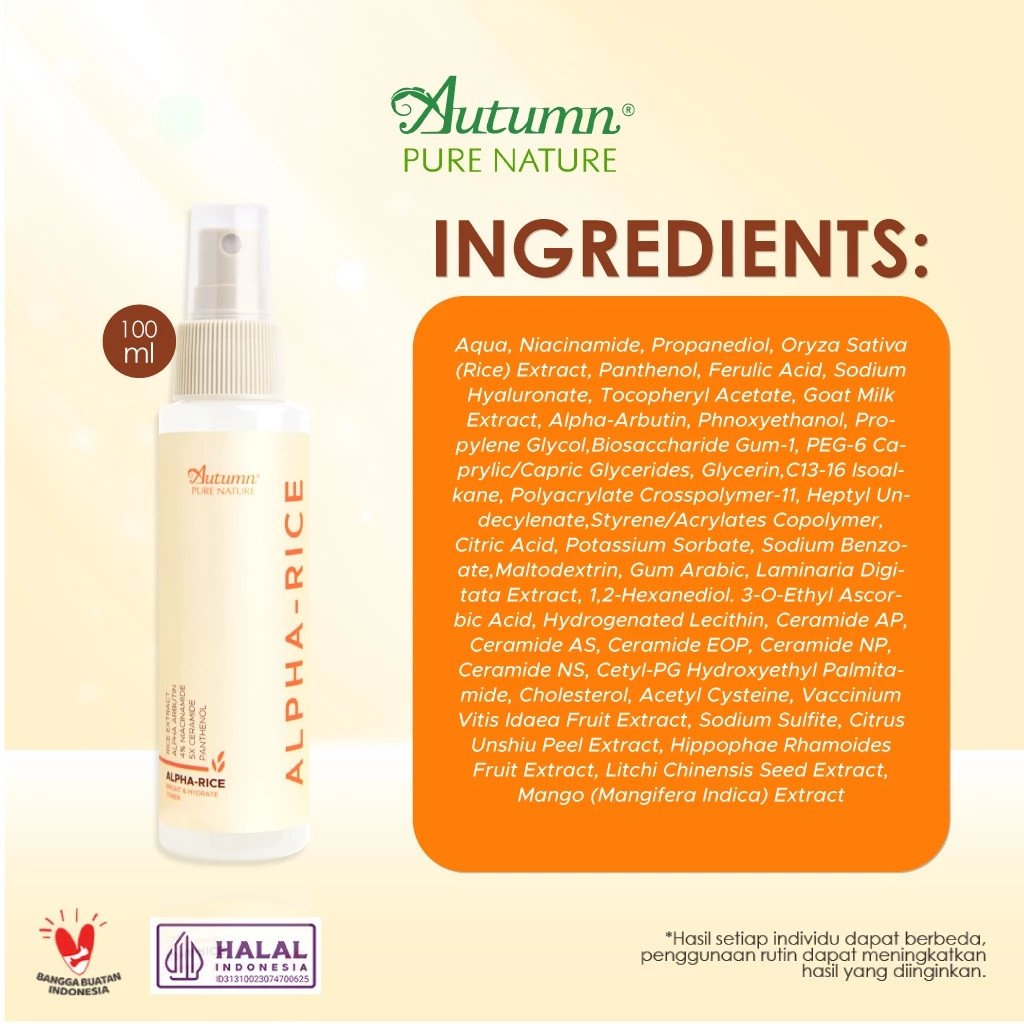 autumn alpha rice bright hydrate toner 100ml and 500ml/toner wajah autumn alpha rice bright hydrate toner 100ml and 500ml/toner wajah