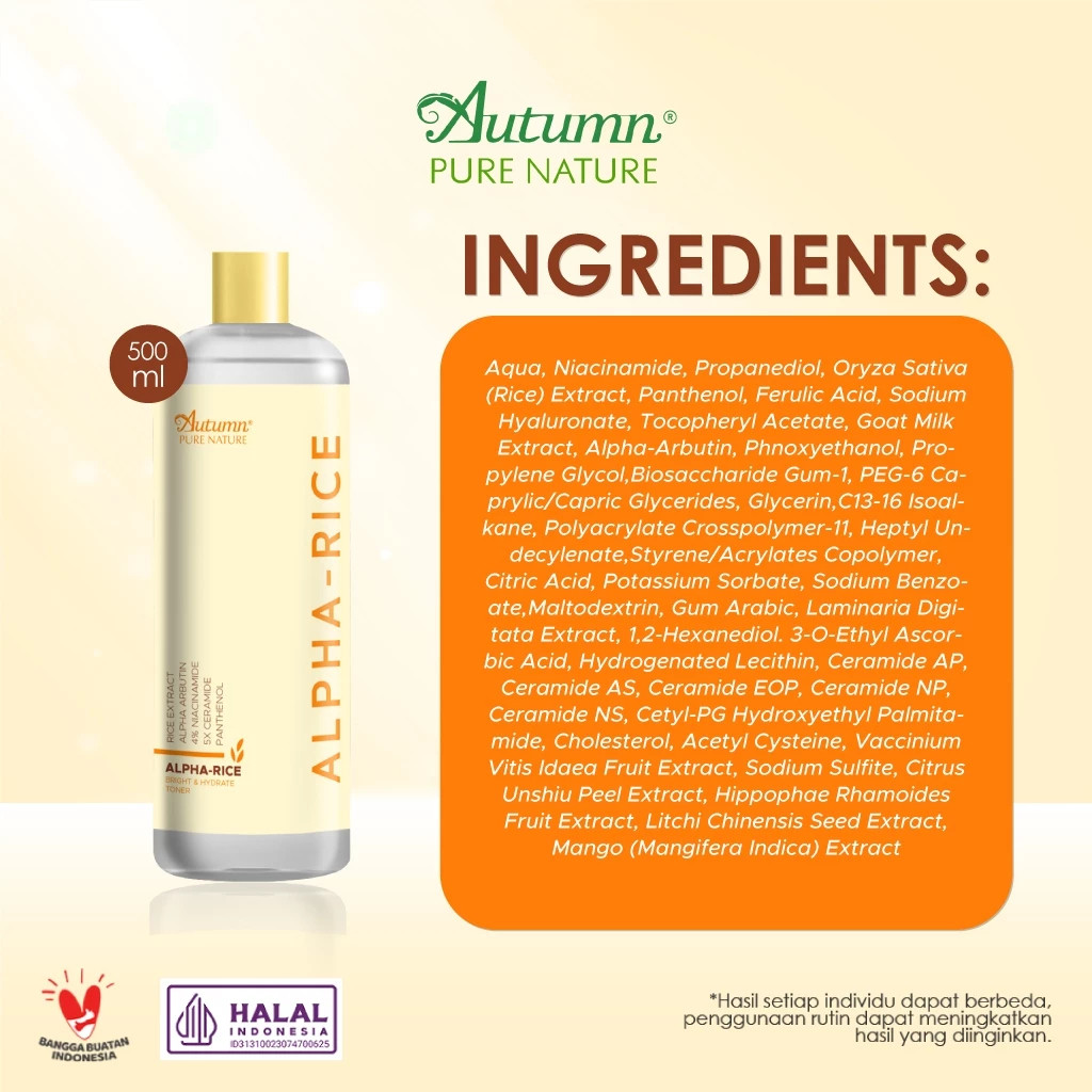 autumn alpha rice bright hydrate toner 100ml and 500ml/toner wajah autumn alpha rice bright hydrate toner 100ml and 500ml/toner wajah