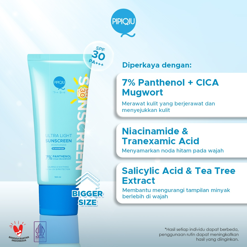 pipiqiu ultra light sunscreen 7% panthenol moisturizer bright and protect spf 30 pa+++ 100ml/tabir surya pipiqiu ultra light sunscreen 7% panthenol moisturizer bright and protect spf 30 pa+++ 100ml/tabir surya