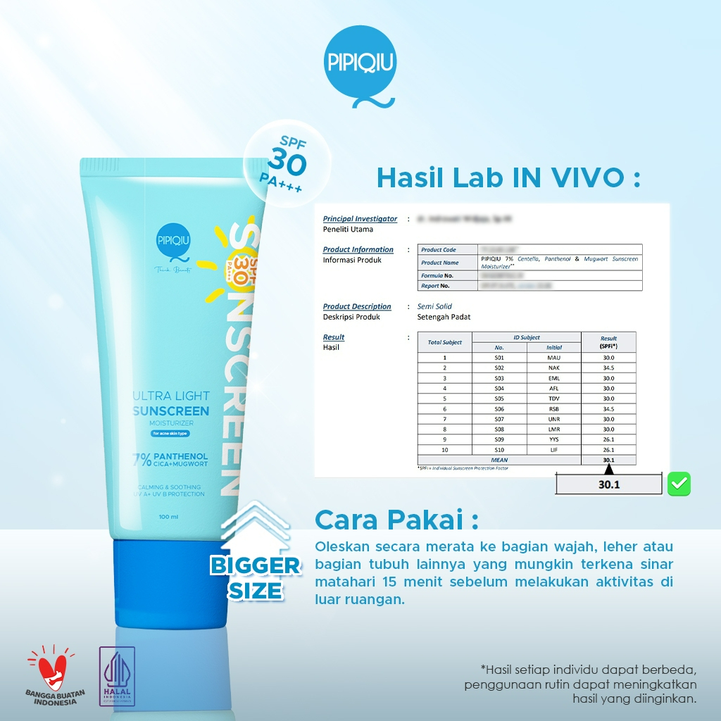 pipiqiu ultra light sunscreen 7% panthenol moisturizer bright and protect spf 30 pa+++ 100ml/tabir surya pipiqiu ultra light sunscreen 7% panthenol moisturizer bright and protect spf 30 pa+++ 100ml/tabir surya