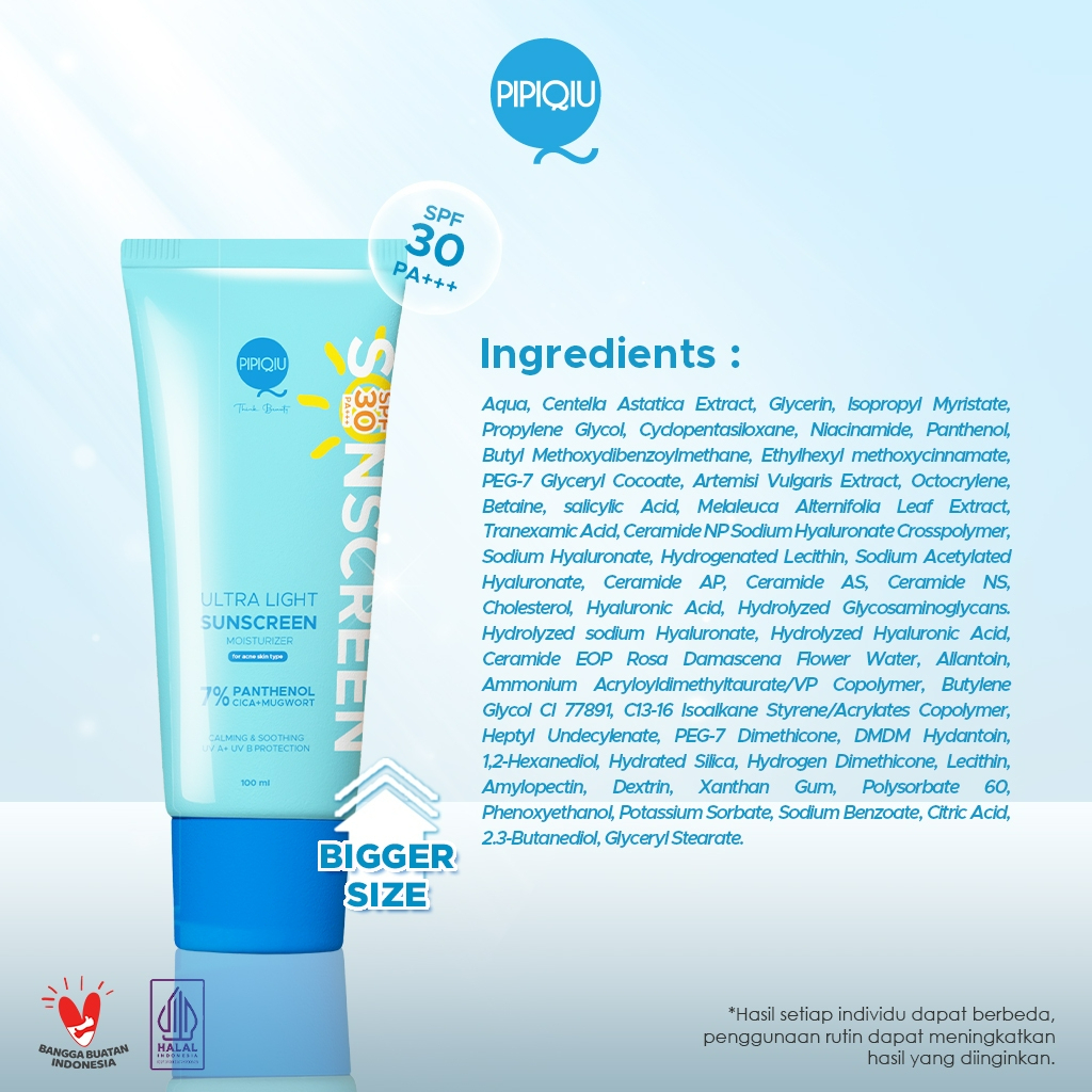 pipiqiu ultra light sunscreen 7% panthenol moisturizer bright and protect spf 30 pa+++ 100ml/tabir surya pipiqiu ultra light sunscreen 7% panthenol moisturizer bright and protect spf 30 pa+++ 100ml/tabir surya