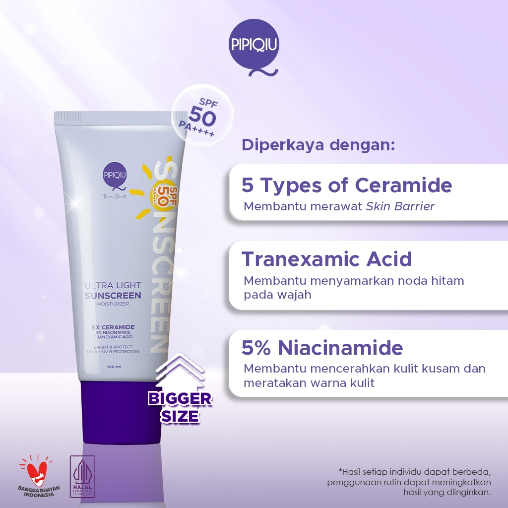 pipiqiu ultra light sunscreen 5x ceramide moisturizer bright and protect spf50 pa+++ 100ml/tabir surya pipiqiu ultra light sunscreen 5x ceramide moisturizer bright and protect spf50 pa+++ 100ml/tabir surya